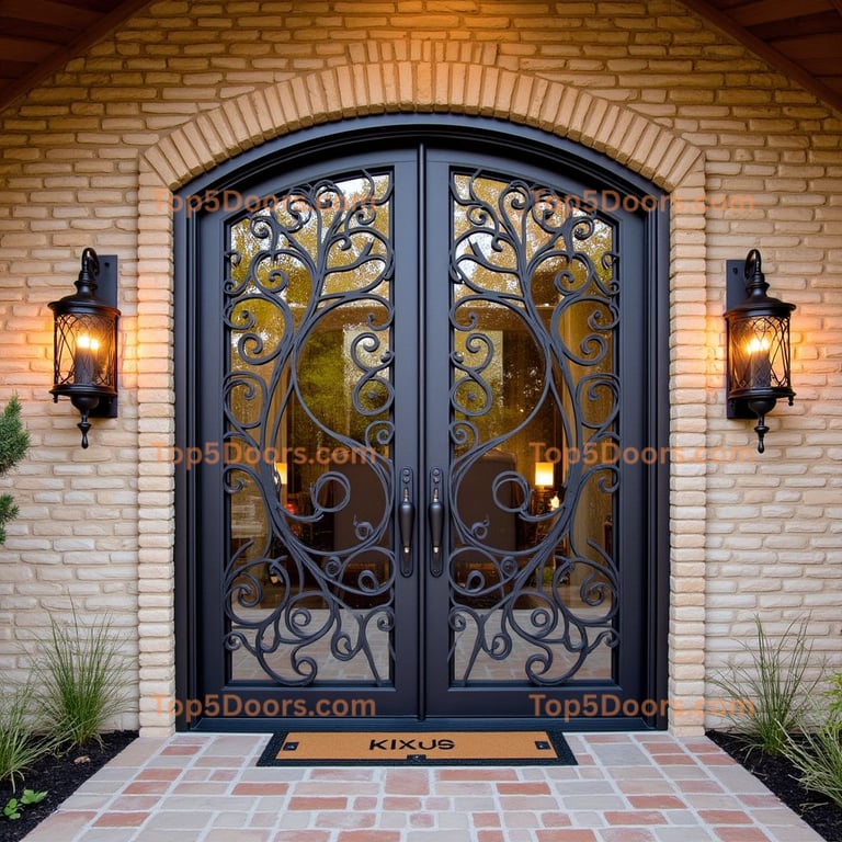 Arched Black Door with Glass and Ironwork
