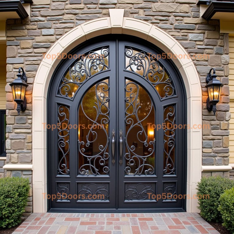 Arched Black Door with Ornate Metalwork
