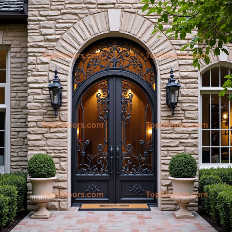 Arched Black Door with Wrought Iron