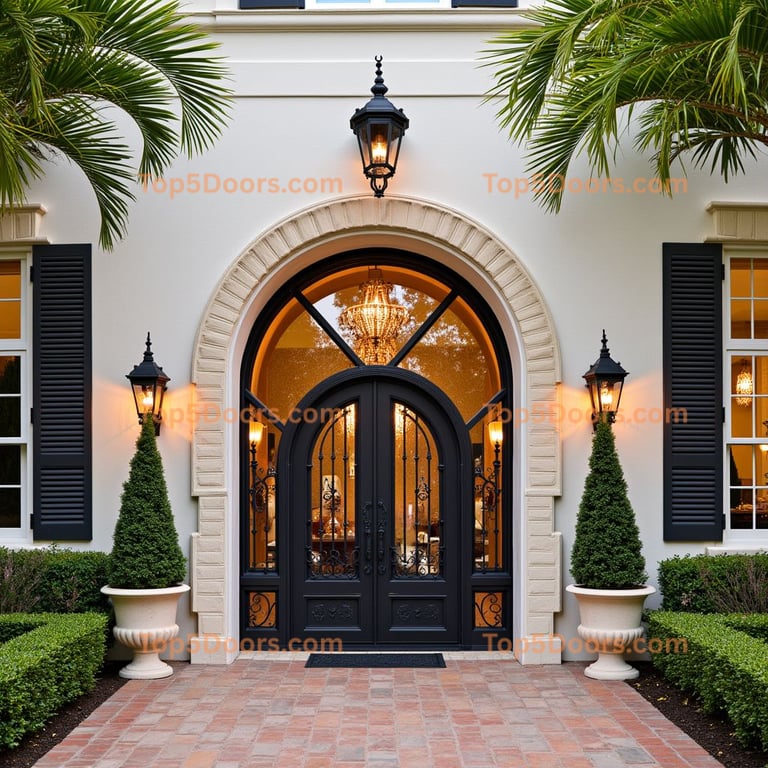 Arched Black Door with Wrought Iron