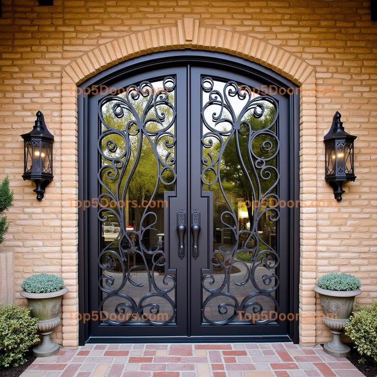 Arched Black Door with Wrought Iron