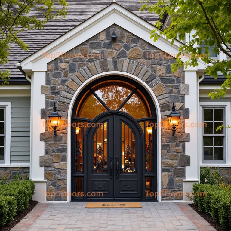 Arched Black Doorway with Wrought Iron