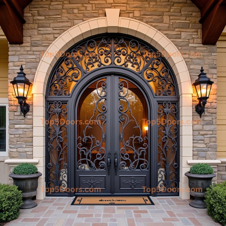Arched Black Iron and Glass Double Door