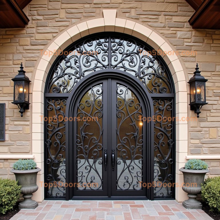 Arched Black Metal and Glass Double Door