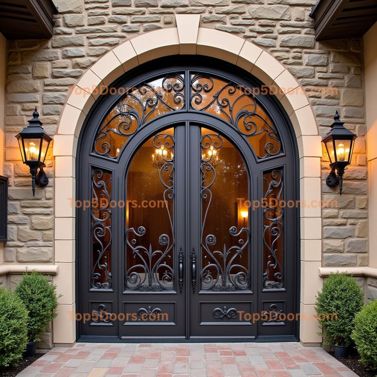 Arched Black Metal and Glass Double Door