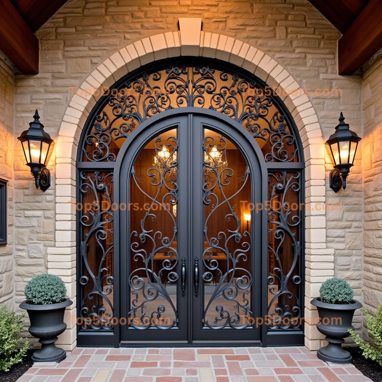 Arched Black Metal and Glass Double Doors