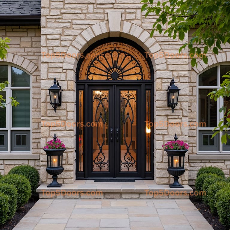 Arched Black Metal Door with Amber Glass