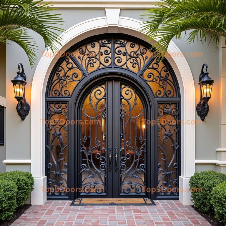 Arched Black Metal Door with Amber Glass