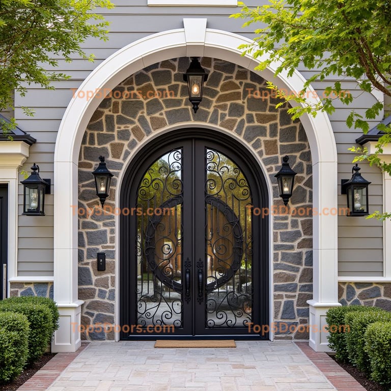 Arched Black Metal Door with Glass and Scrollwork