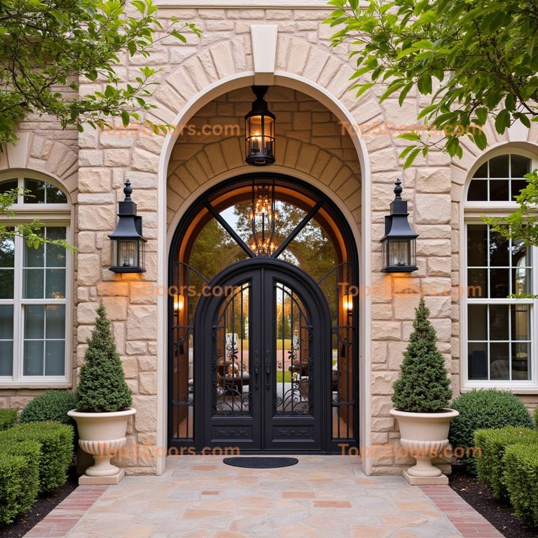 Arched Black Metal Door with Glass Panels