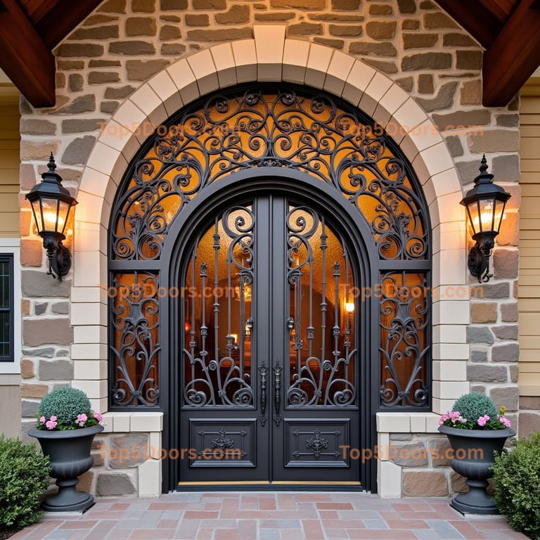 Arched Black Metal Door with Ironwork