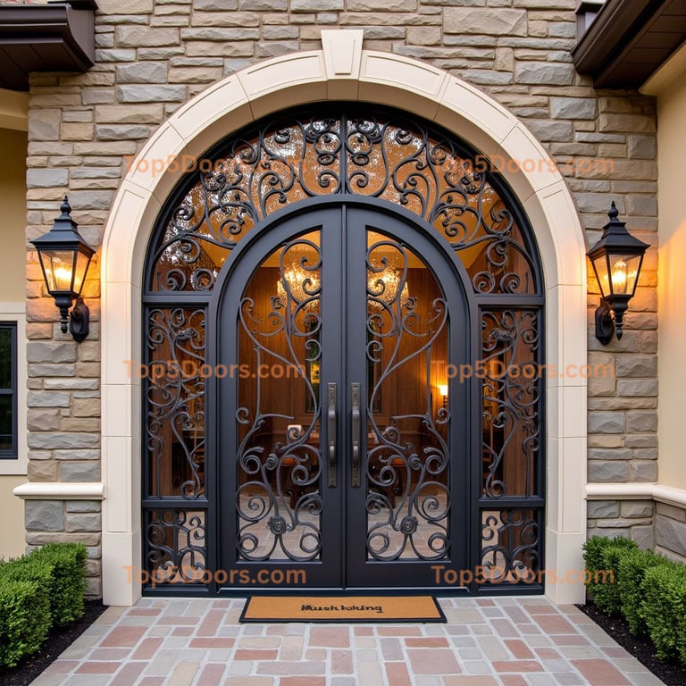 Arched Black Metal Door with Ornate Metalwork