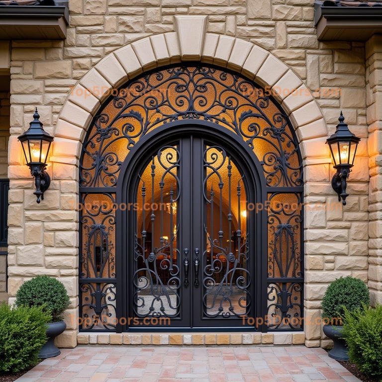 Arched Black Metal Door with Scrollwork