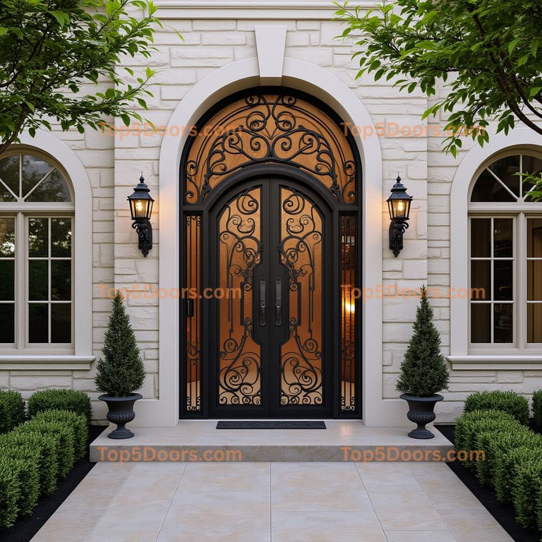 Arched Black Metal Door with Stone Facade
