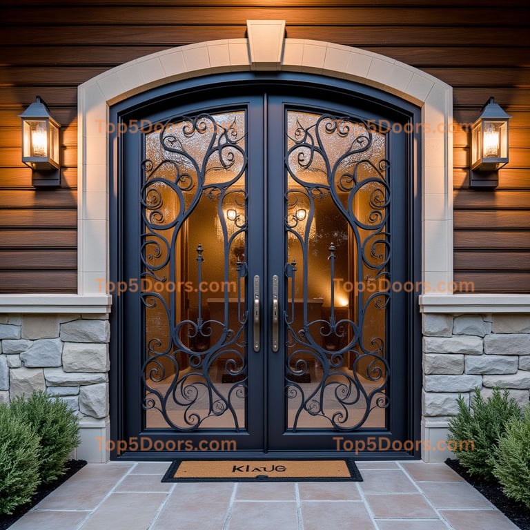 Arched Black Metal Door with Textured Glass