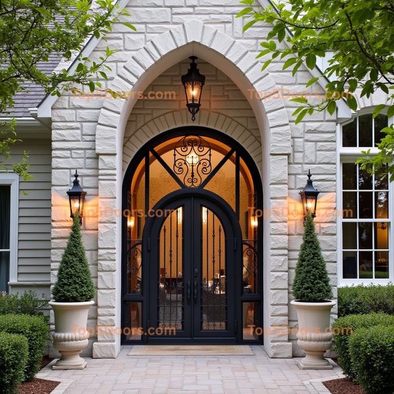 Arched Black Metal and Glass Double Door