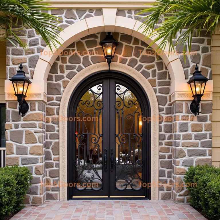 Arched Black Metal and Glass Double Doors