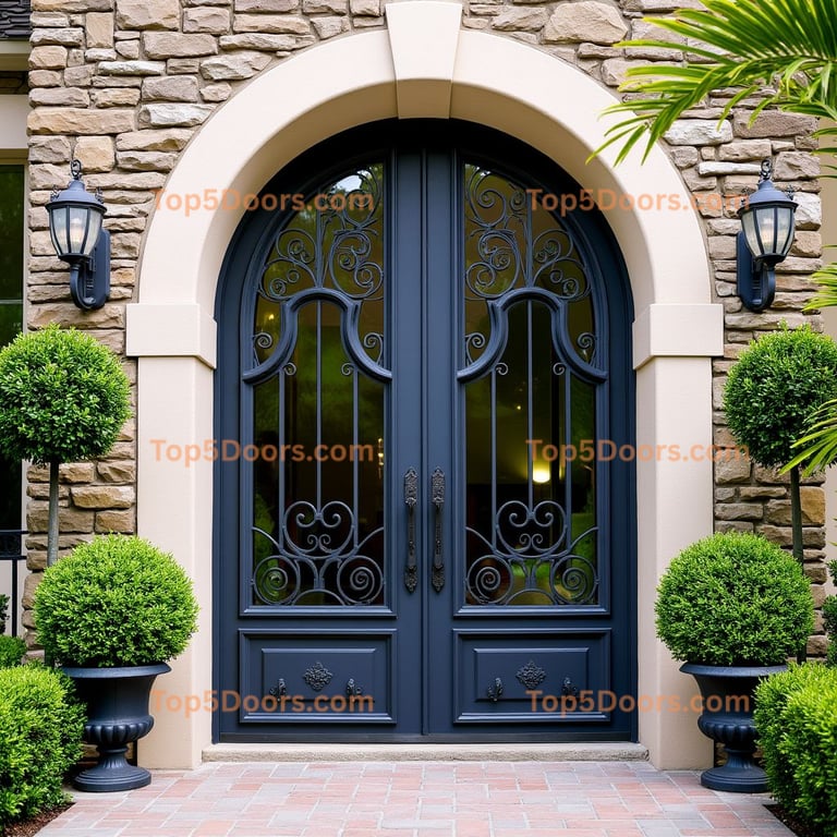 Arched Dark Blue Metal Door with Ironwork