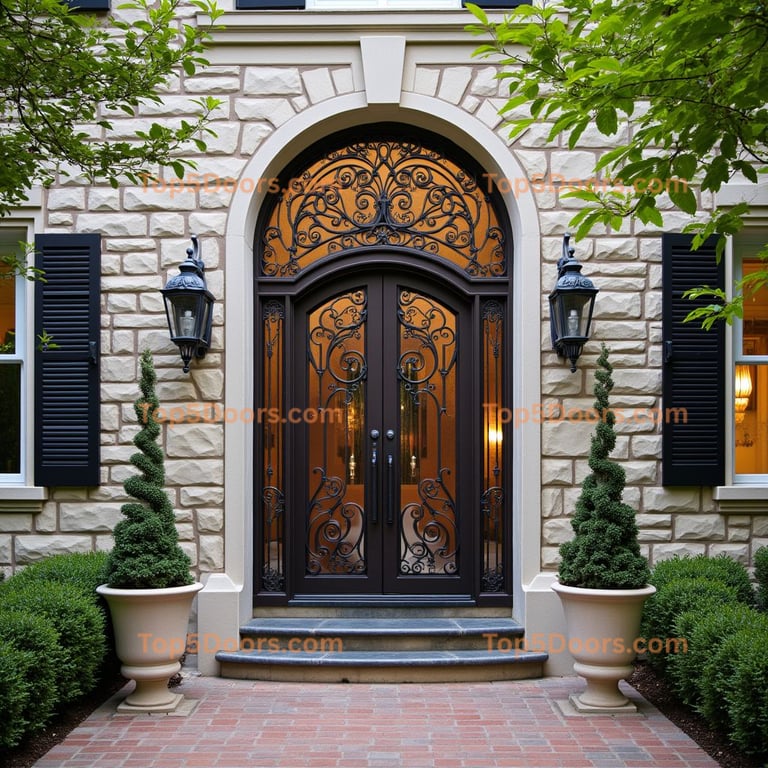 Arched Dark Brown Door with Wrought Iron Scrollwork