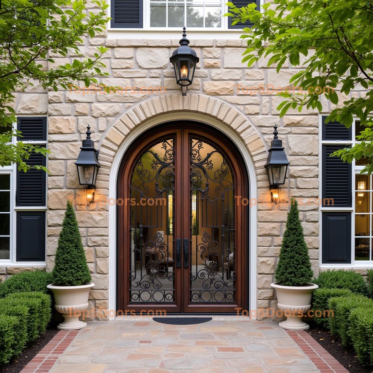 Arched Dark Wood Door with Ironwork