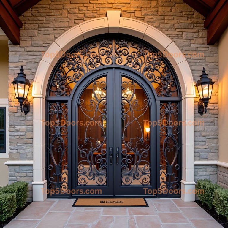 Arched Door with Wrought Iron Frame