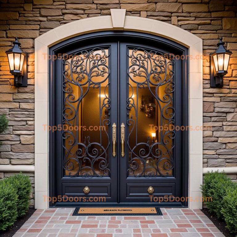 Arched Double Door Entrance with Wrought Iron Scrollwork
