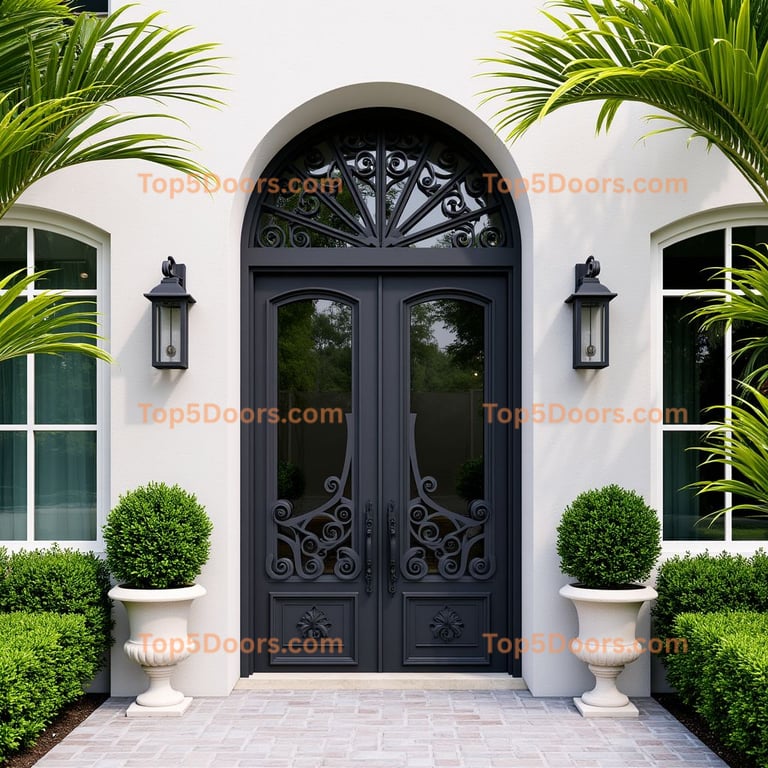 Arched Double Door With Decorative Ironwork and Floral Emblems