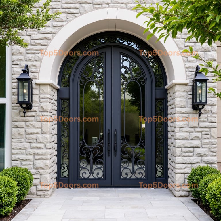 Arched Double Door with Ornate Ironwork