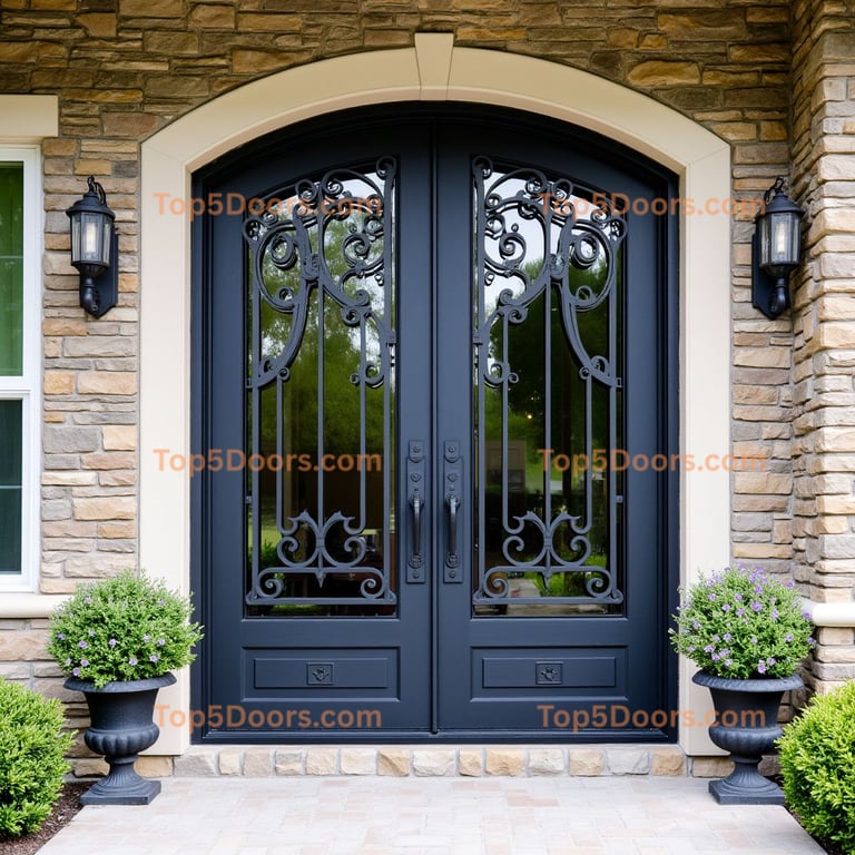 Arched Double Door with Wrought Iron