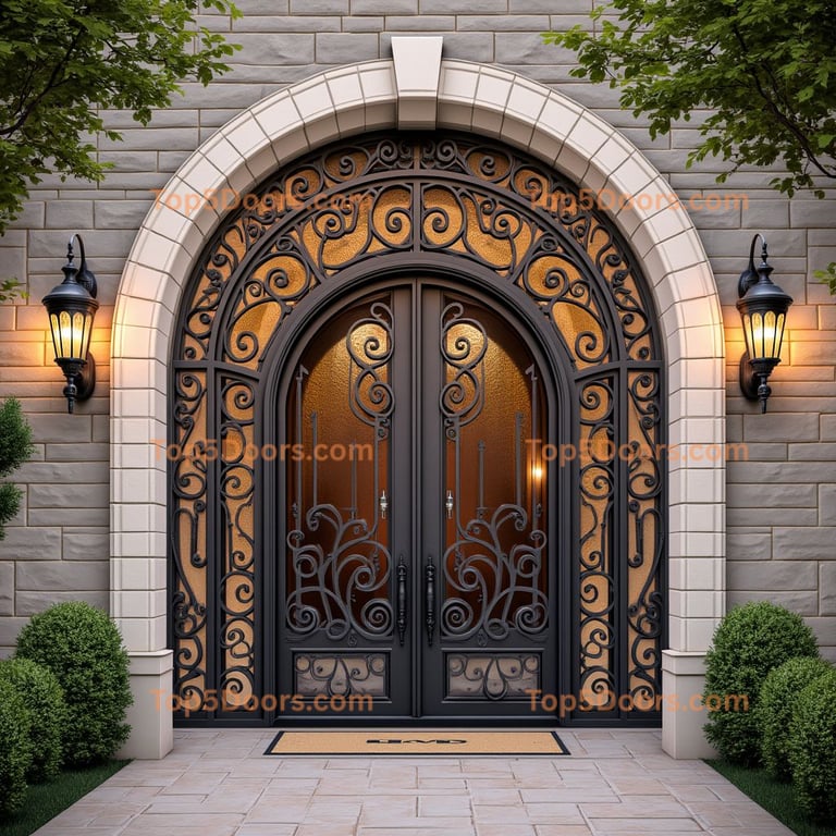 Arched Double Door with Wrought Iron