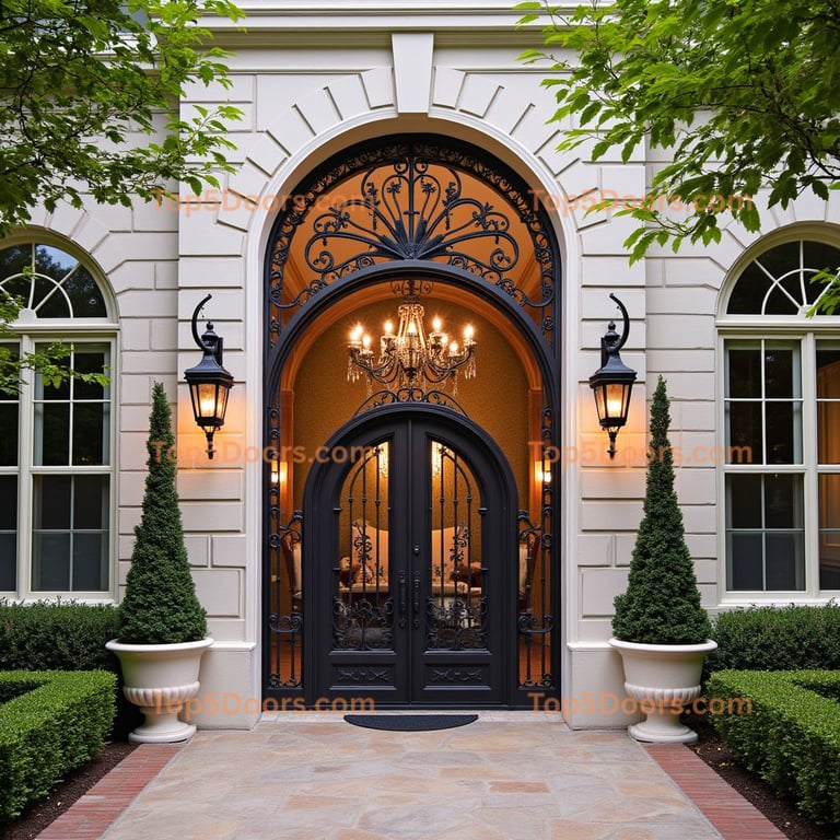 Arched Double Door with Wrought Iron Detailing