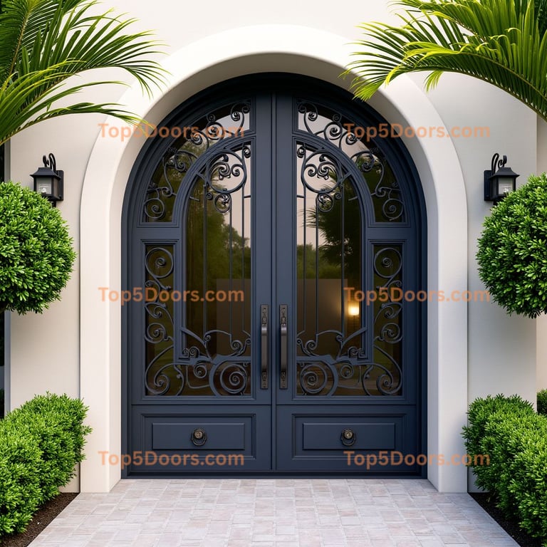 Arched Double Door with Wrought Iron