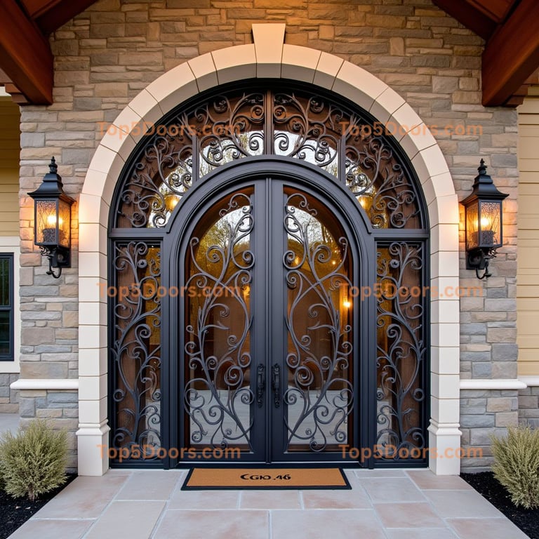 Arched Double Door with Wrought Iron Design