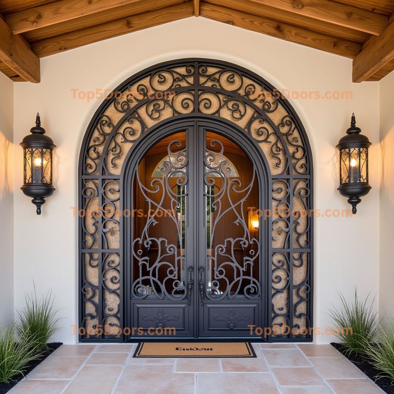 Arched Double Door with Wrought Iron Design