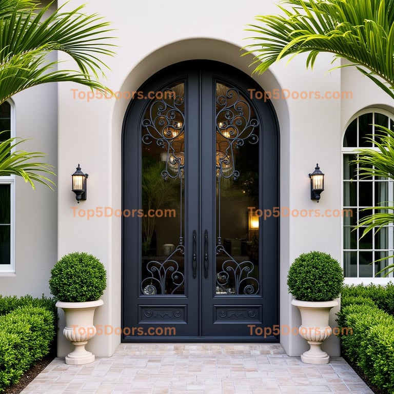 Arched Double Door with Wrought Iron Design