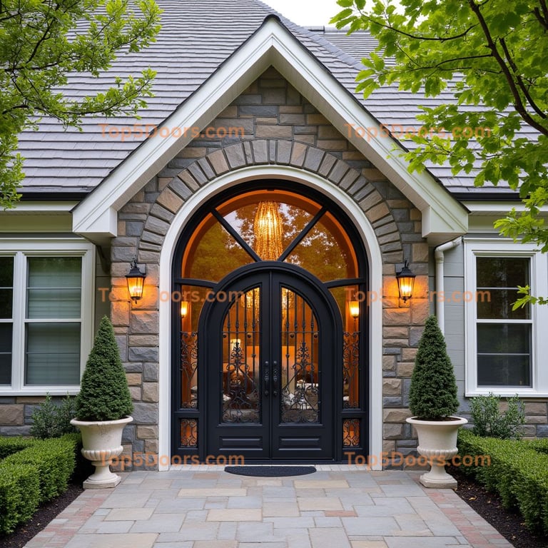 Arched Double Door with Wrought Iron Grilles