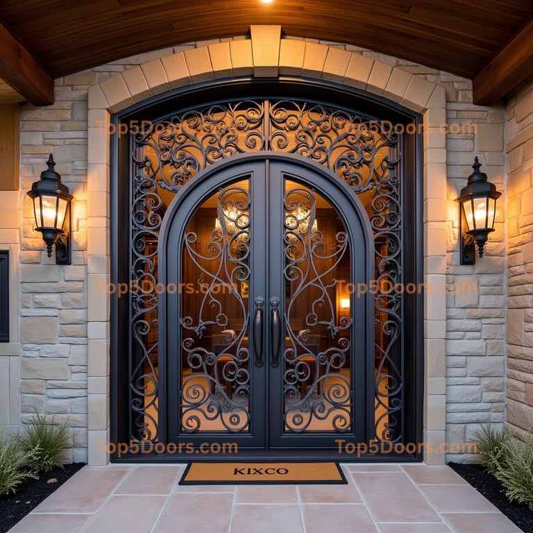 Arched Double Door with Wrought Iron Scrollwork