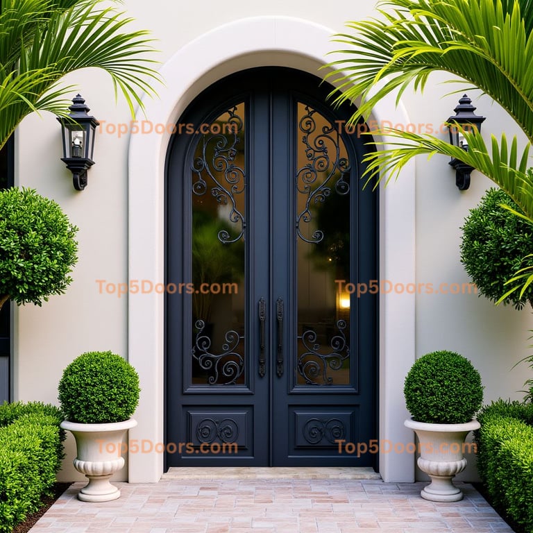 Arched Double Door With Wrought Iron, Flanked by Lanterns and Urns