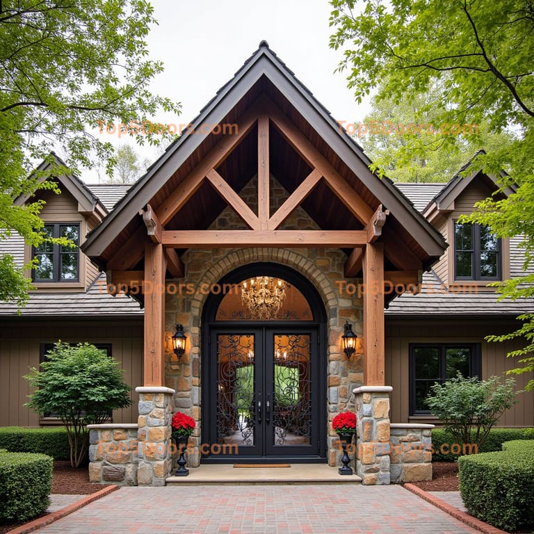 Arched Double Door with Wrought Iron Scrollwork