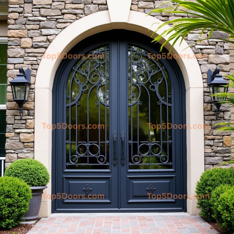 Arched Double Front Door with Ornate Metalwork