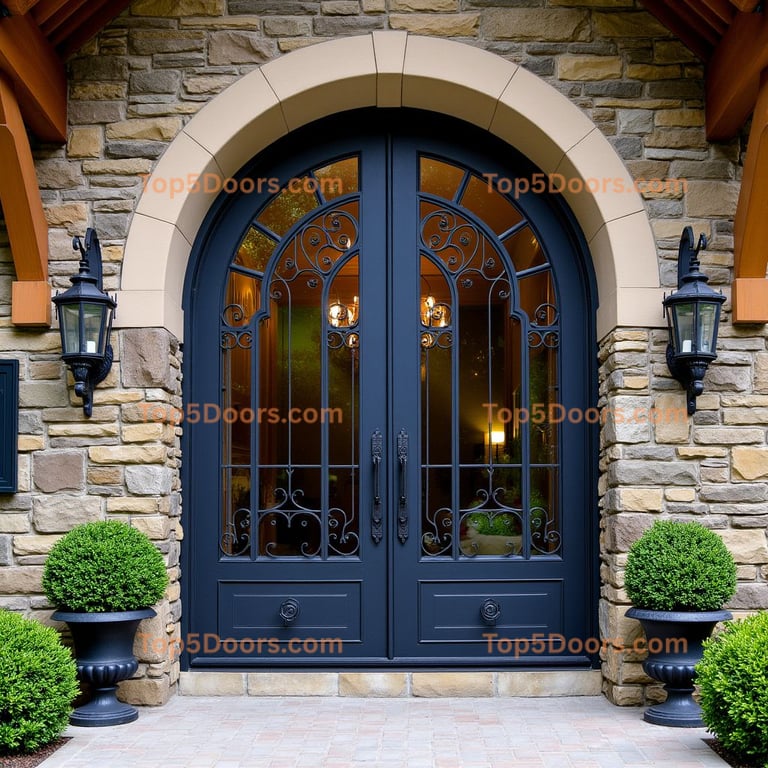 Arched Double Front Door with Wrought Iron