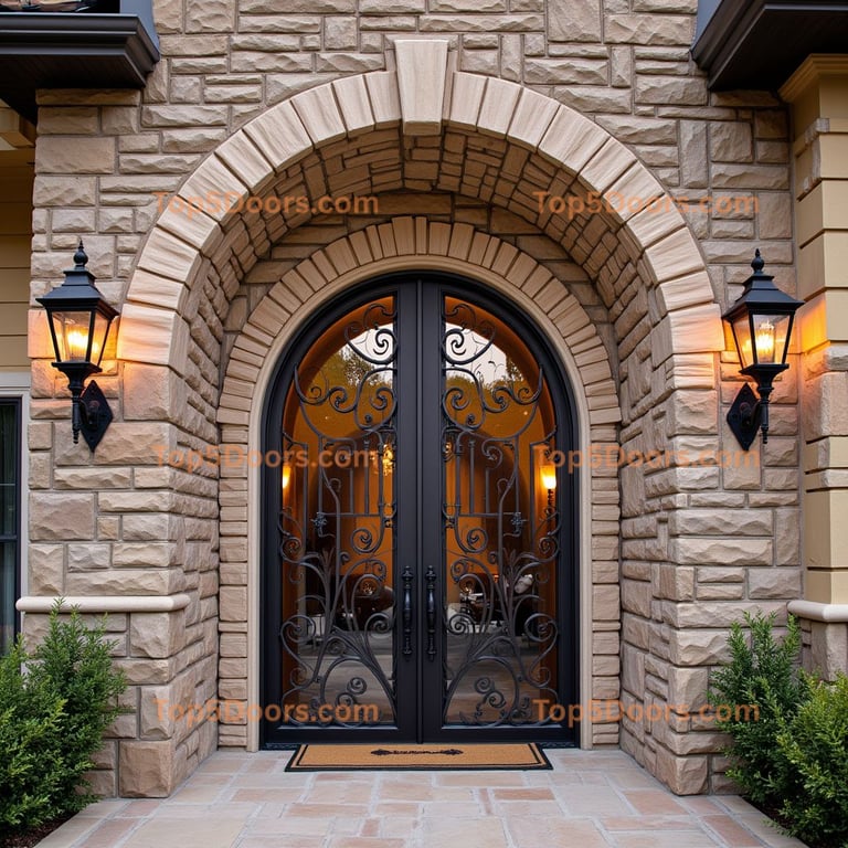 Arched Double Glass Door with Ironwork
