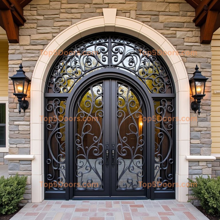 Arched Glass Door with Wrought Iron