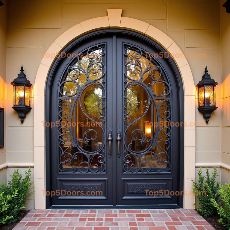 Arched Glass Door with Wrought Iron Design