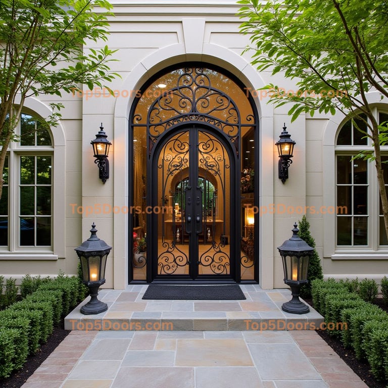 Arched Glass Door with Wrought Iron Frame