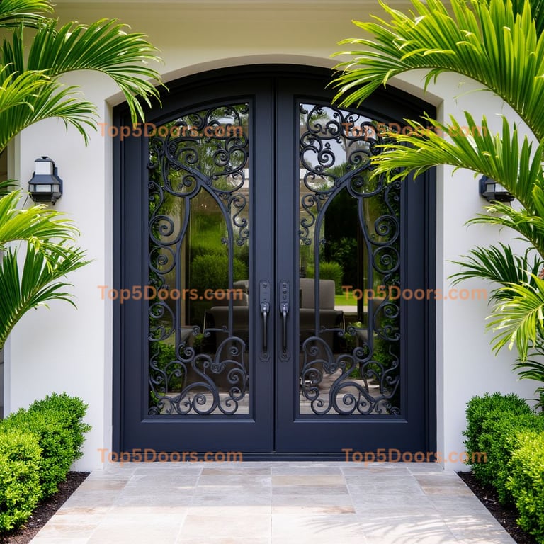 Arched Glass Door with Wrought Iron Scrollwork