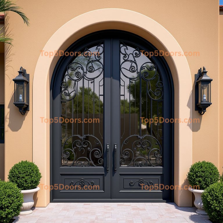 Arched Glass Door with Wrought Iron Design