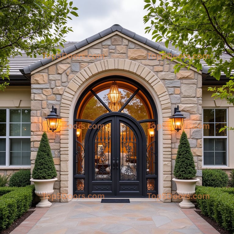 Arched Glass Doors with Wrought Iron