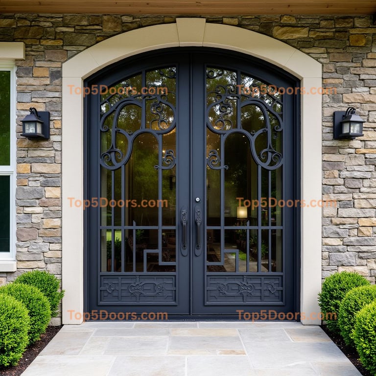 Arched Glass and Metal Double Front Door
