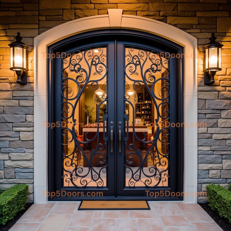 Arched Glass and Wrought Iron Entrance